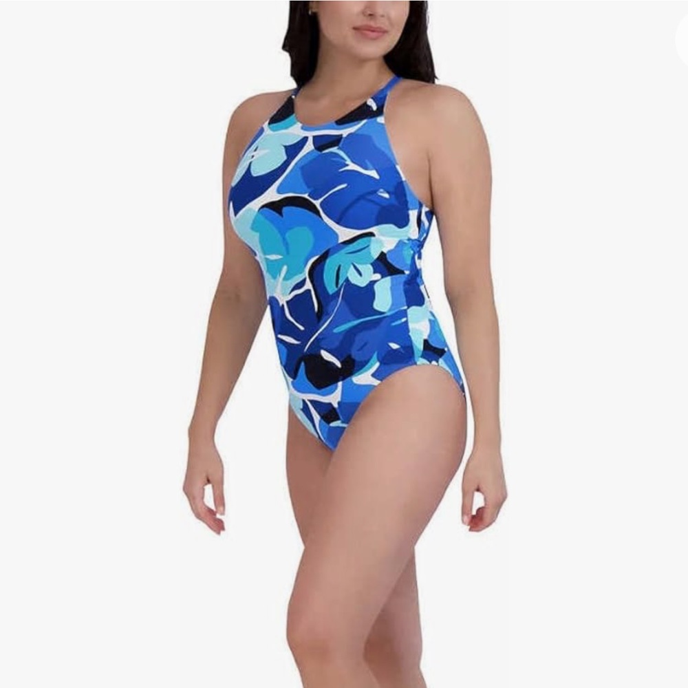 Nautica Blue White Palm Print One Piece Swimsuit Sz L High Neck Adjustable Strap